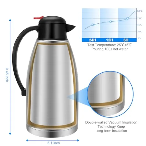 MultiOutools 102 Oz Stainless Steel Thermal Coffee Carafe for Keeping Hot, Insulated Coffee Carafe Double Walled Vacuum Thermos for Coffee, Tea, Hot Beverage Dispenser 12 Hour Heat Retention, Silver