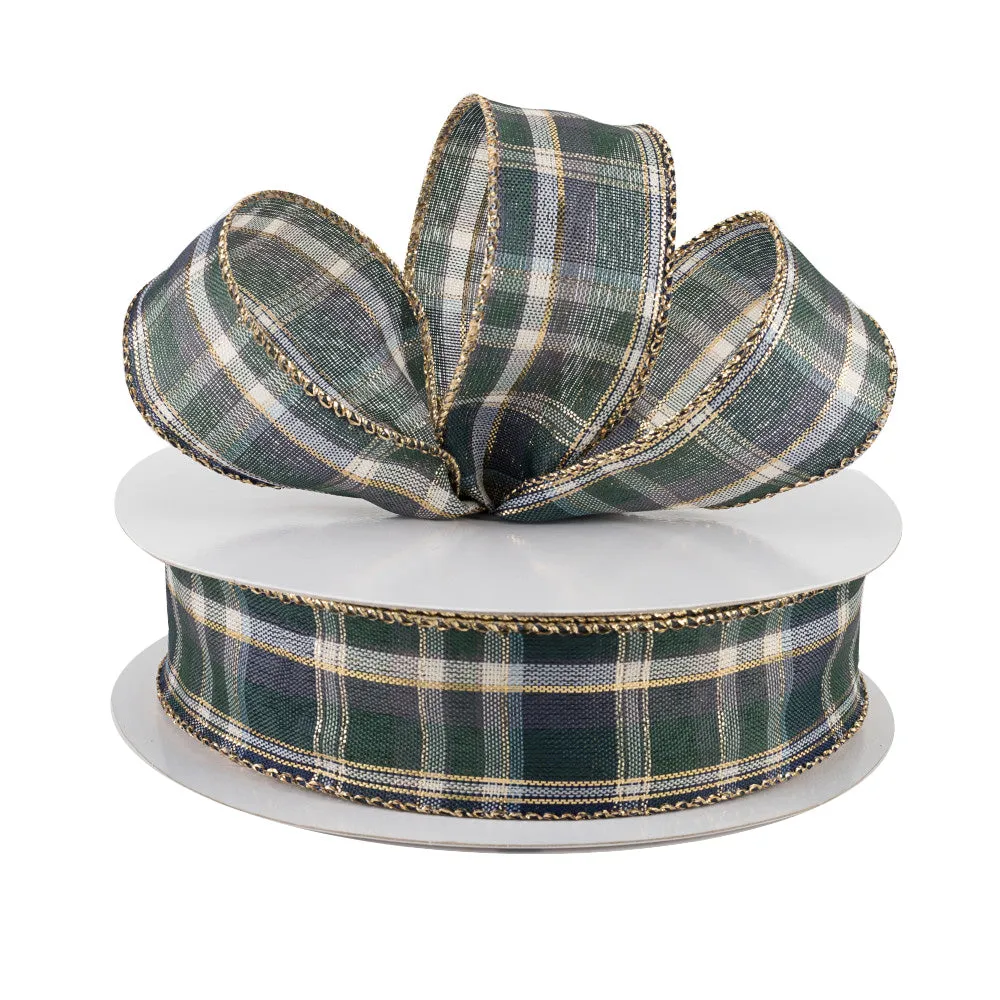 Navy Blue & Green Plaid Ribbon - 1 1/2" x 50 Yards