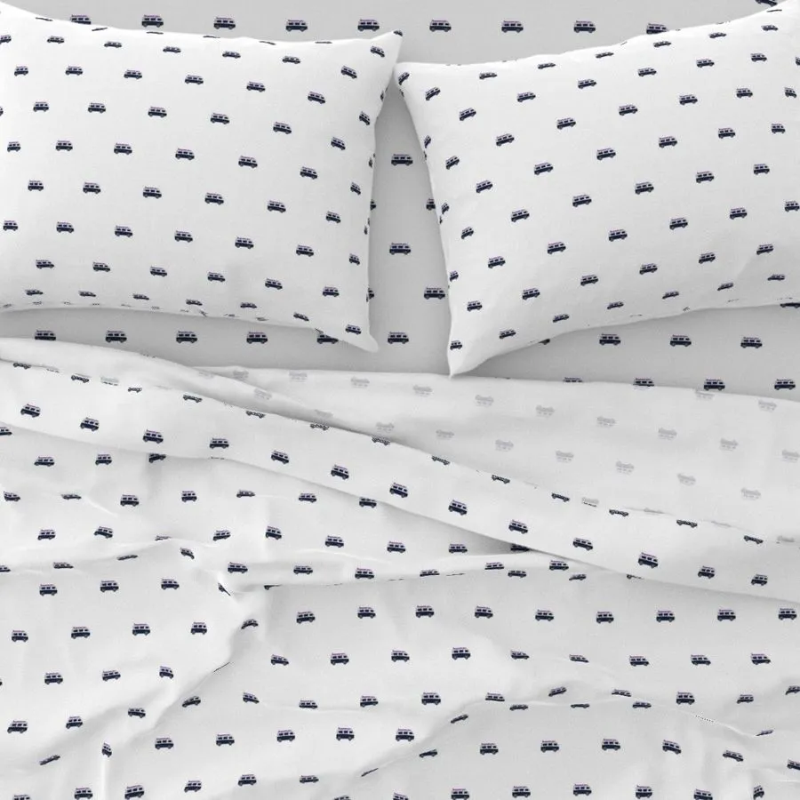 Navy Blue, White and Purple Classic Surf Bus Sheet Set from Surfer Bedding™️