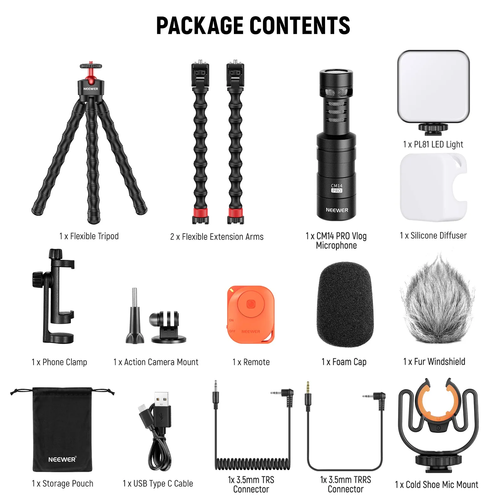 NEEWER TP91 Flexible Tripod Vlog Kit with CM14 PRO Mic & PL81 LED Light