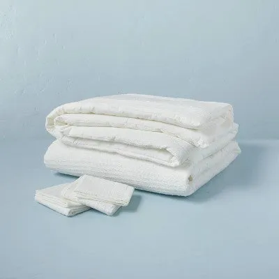 New - 3pc Full/Queen Slub Center Stripe Comforter Set Sour Cream - Hearth & Hand with Magnolia