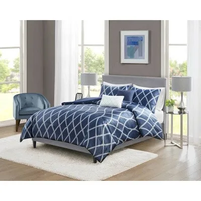 New - No Brand 5-Piece Comforter Set Charmeuse Geo 2 Decorative Pillows, Navy, King