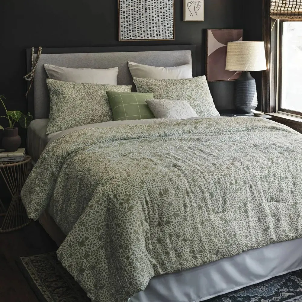 New - Threshold 8-Piece Cotton Comforter Set Floral Bed Skirt Lightweight, Green, King