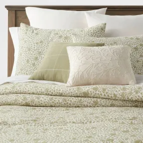 New - Threshold 8-Piece Cotton Comforter Set Floral Bed Skirt Lightweight, Green, King