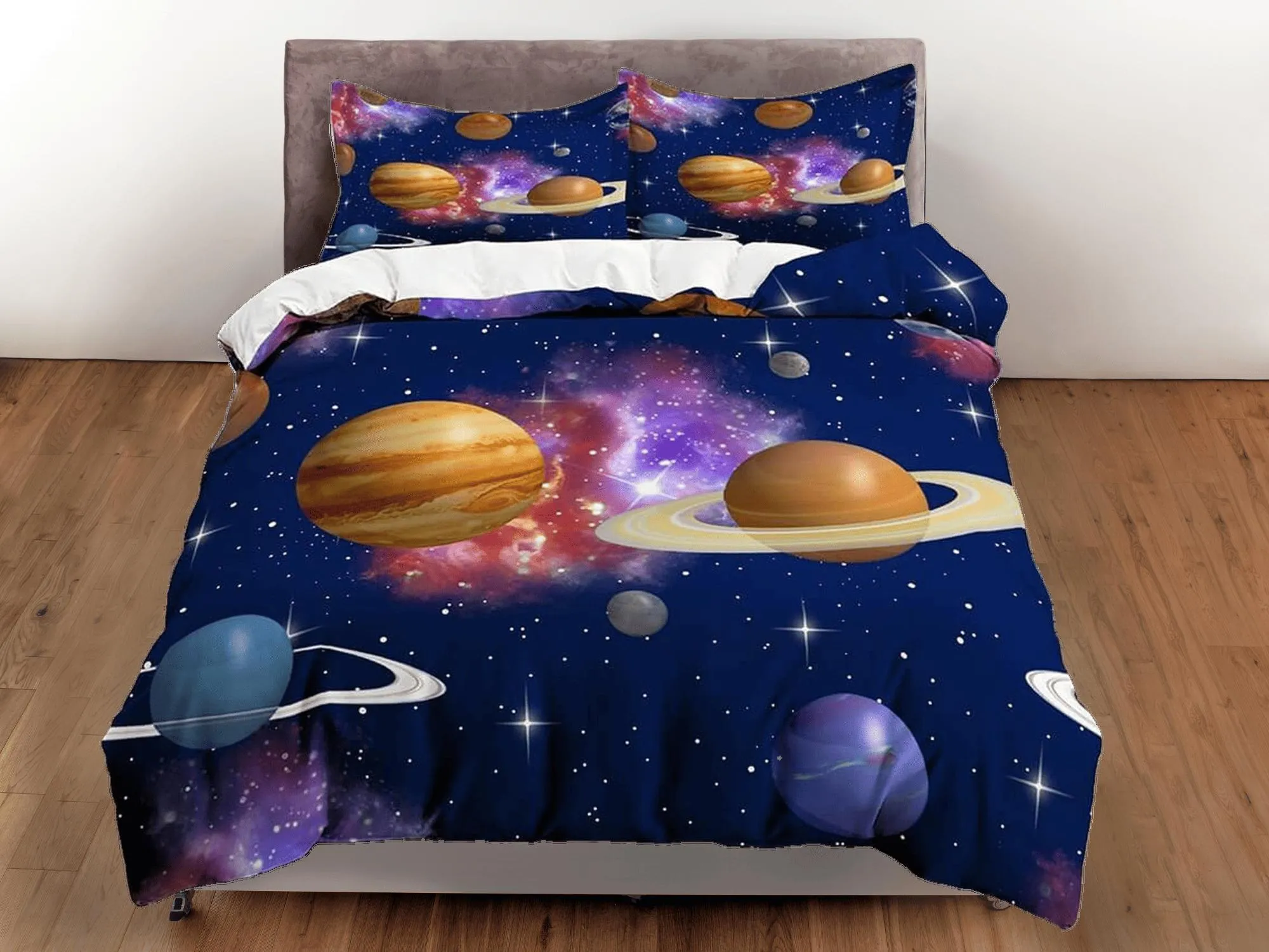 Outer space planets bedding, galaxy bedding set full, cosmic duvet cover king, queen, dorm bedding, toddler bedding aesthetic duvet