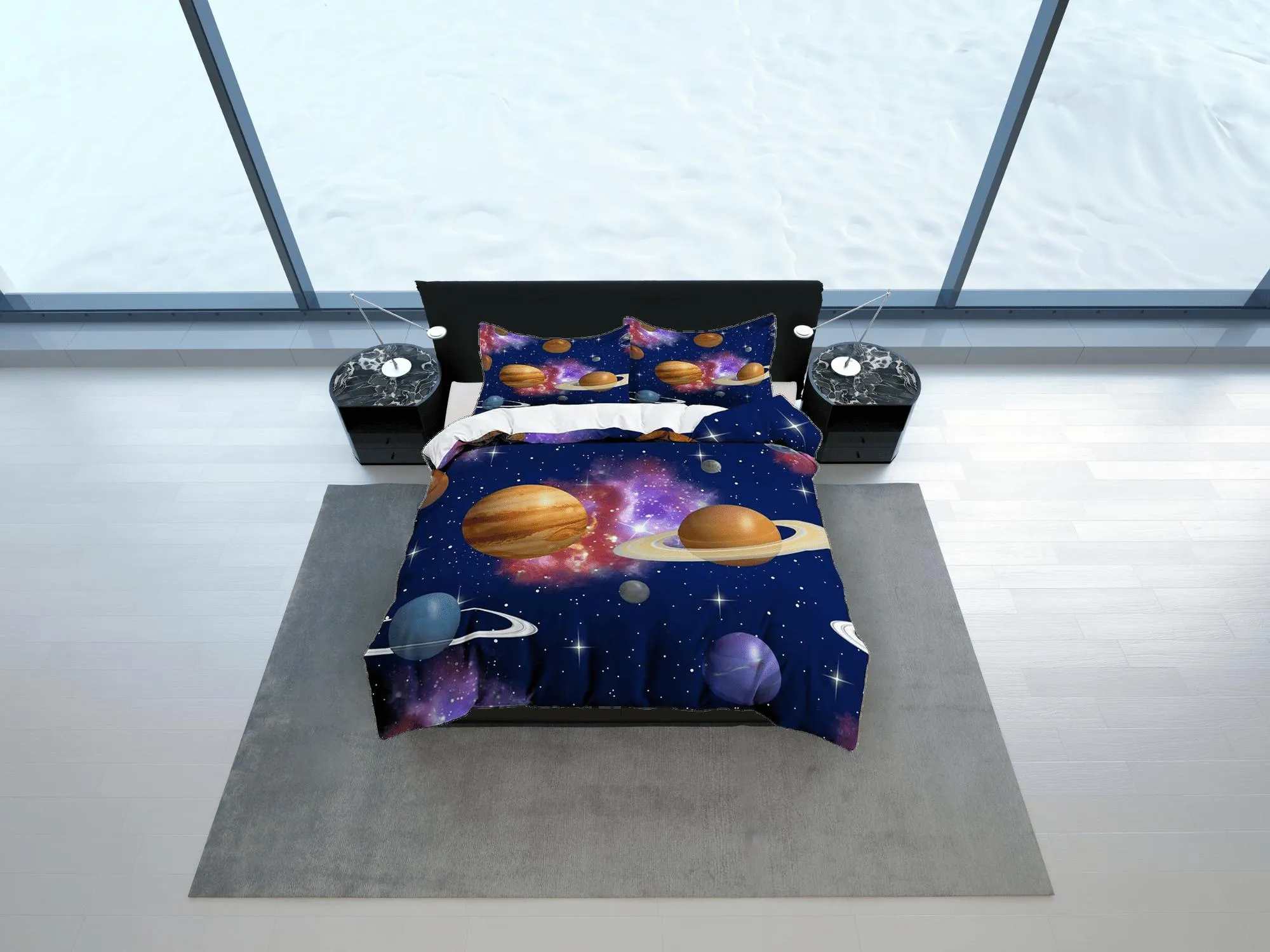 Outer space planets bedding, galaxy bedding set full, cosmic duvet cover king, queen, dorm bedding, toddler bedding aesthetic duvet