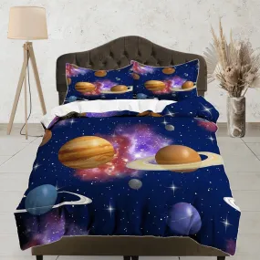 Outer space planets bedding, galaxy bedding set full, cosmic duvet cover king, queen, dorm bedding, toddler bedding aesthetic duvet