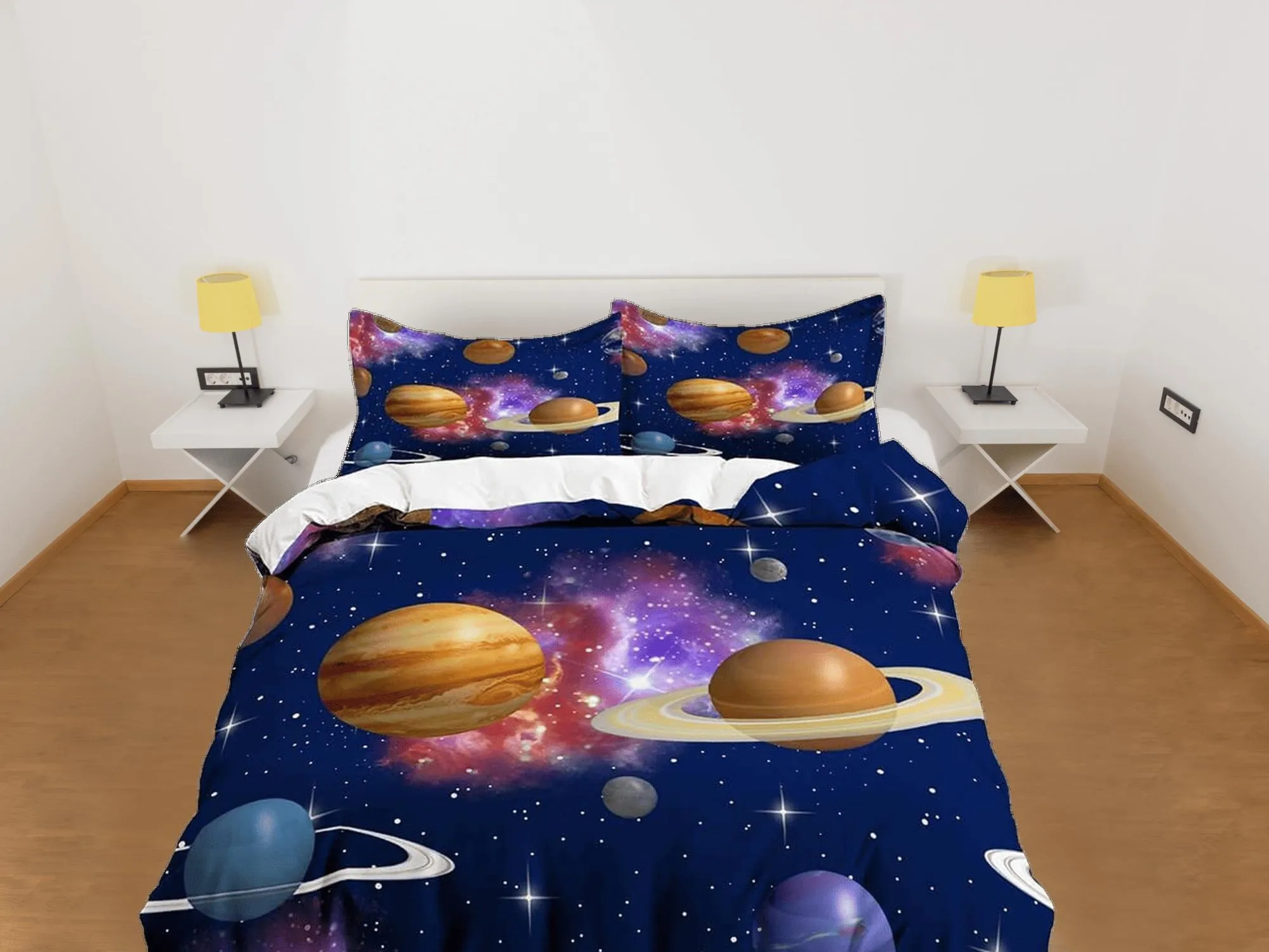 Outer space planets bedding, galaxy bedding set full, cosmic duvet cover king, queen, dorm bedding, toddler bedding aesthetic duvet