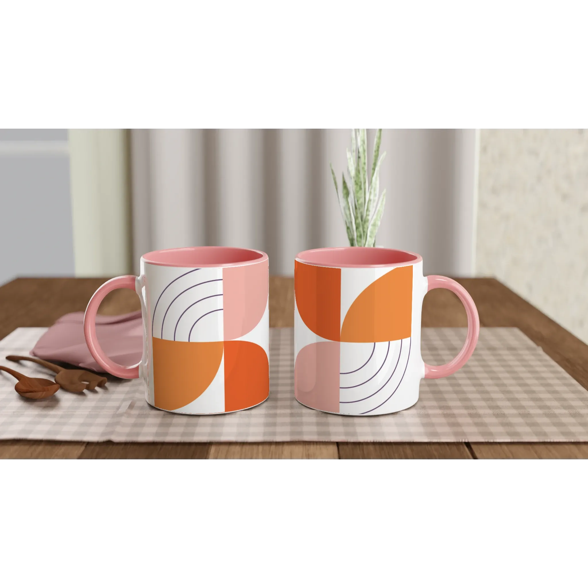 Pink Ceramic Mug with Abstract Geometric Print