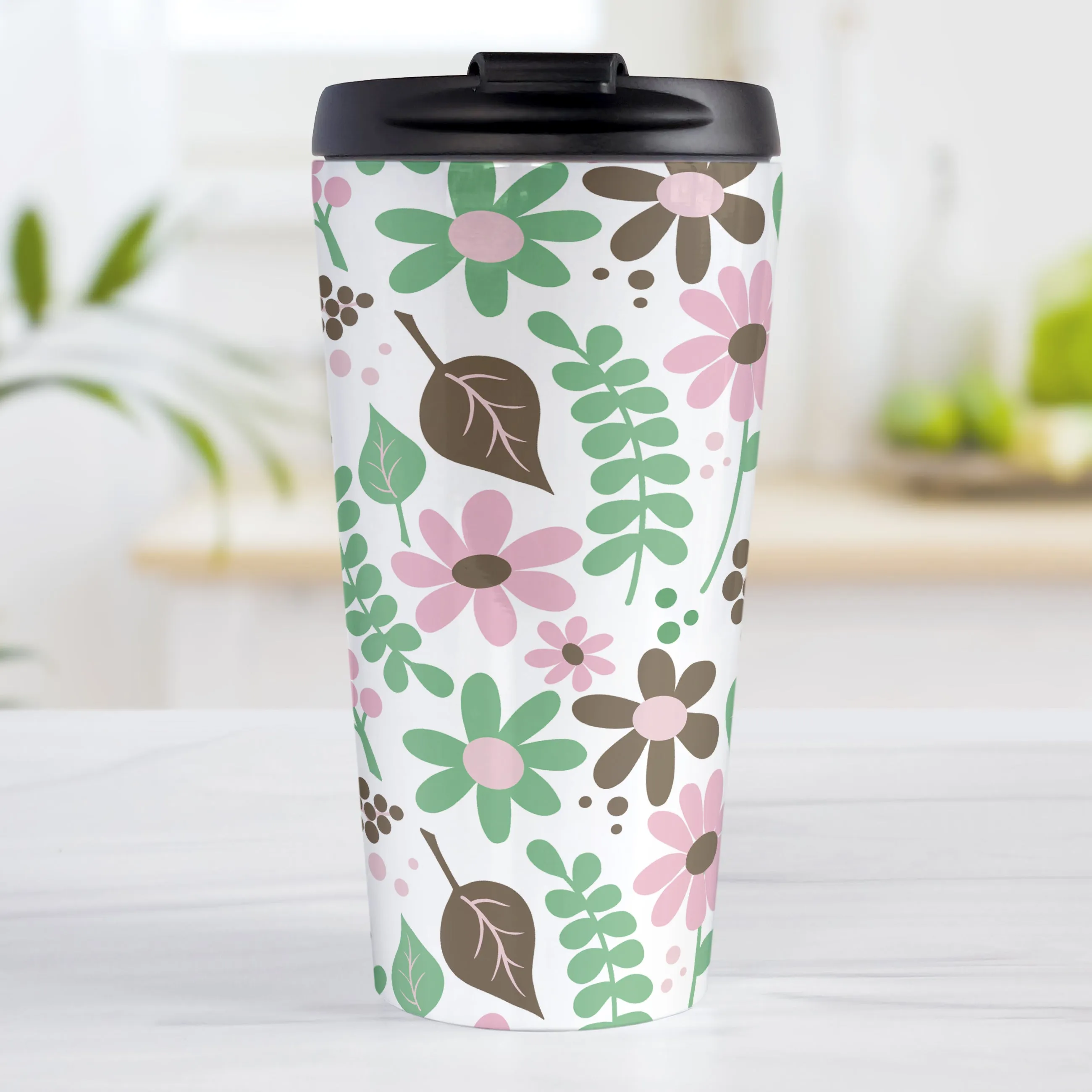 Pink Green Brown Floral Pattern Travel Mug