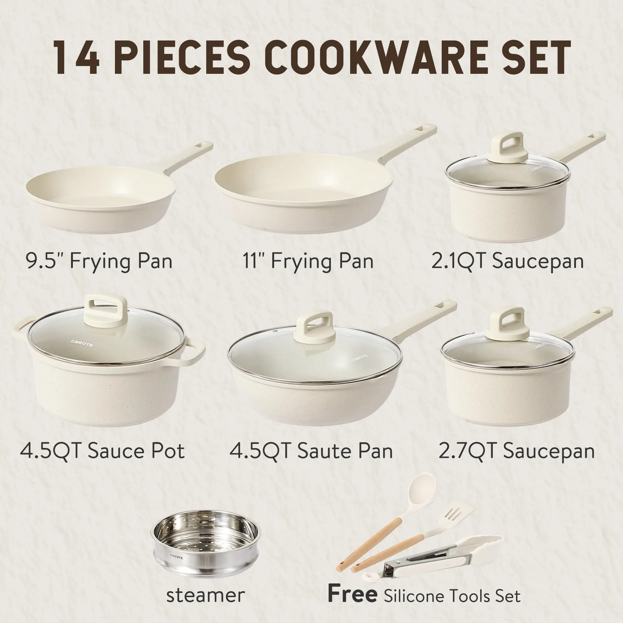 Pots and Pans Set, 14pcs Kitchen Cookware Sets, Induction Pots and Pans Nonstick, Cooking Pans Pots Set, Cream Beige, All Stoves Compatible