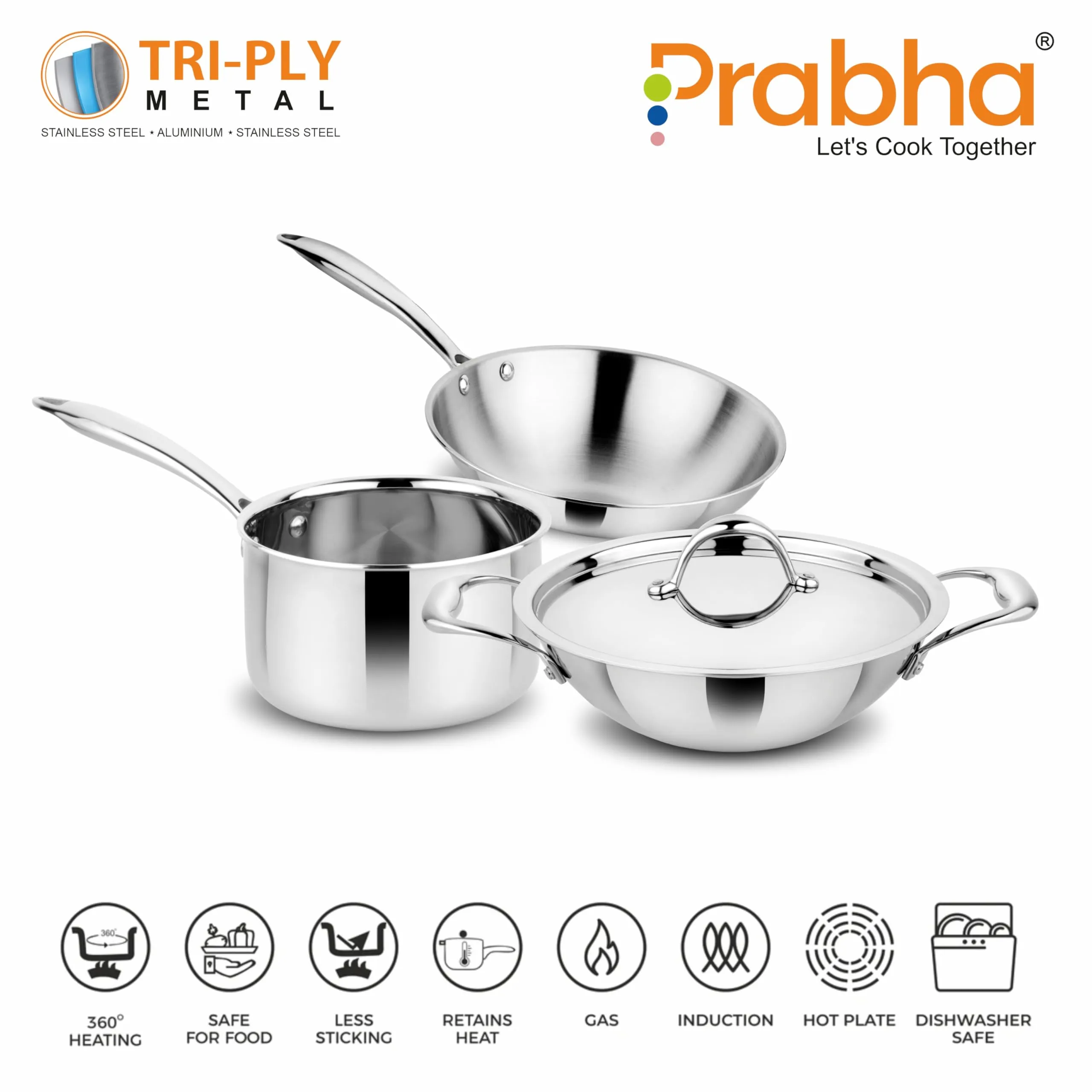 Prabha Tri-PLy Stainless Steel 4Pcs Cookware Set - Supeor Quality Combo for Modern Kitchens