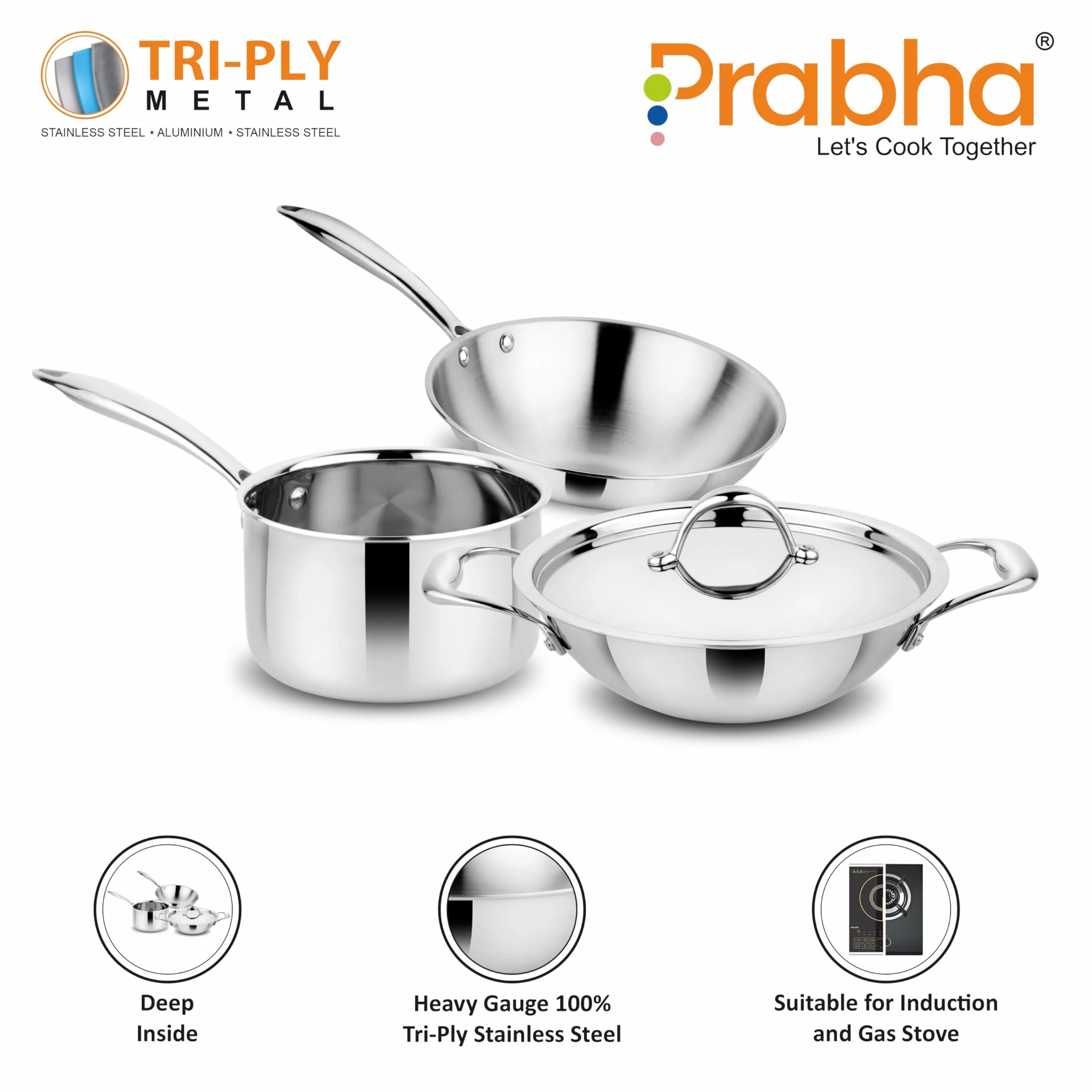 Prabha Tri-PLy Stainless Steel 4Pcs Cookware Set - Supeor Quality Combo for Modern Kitchens