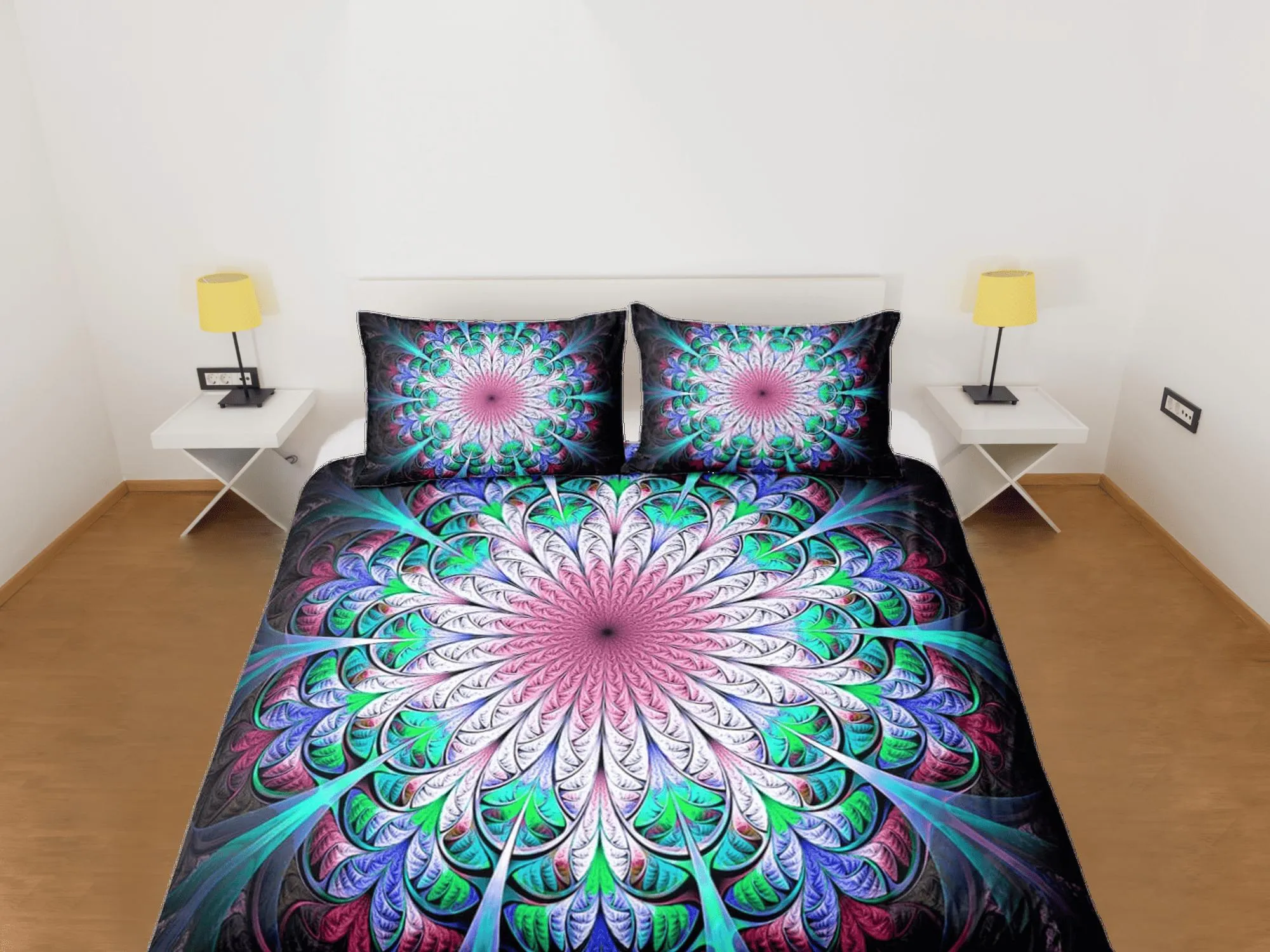 Psychedelic green mandala duvet cover boho bedding set full, queen, king, dorm bedding, aesthetic room indian bedspread maximalist decor