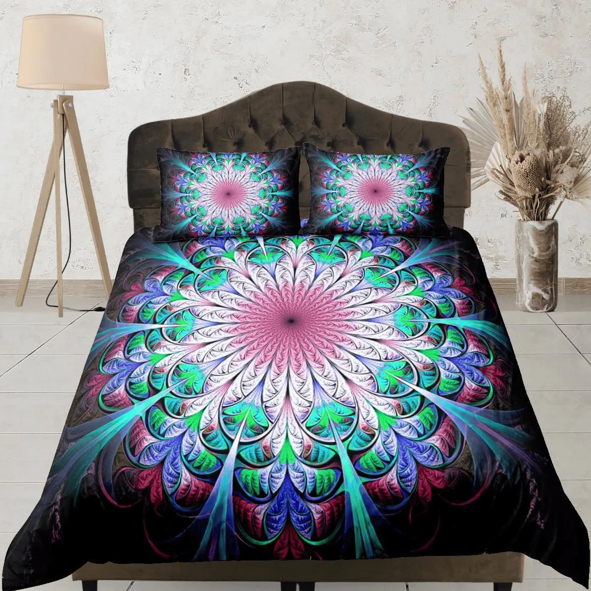 Psychedelic green mandala duvet cover boho bedding set full, queen, king, dorm bedding, aesthetic room indian bedspread maximalist decor