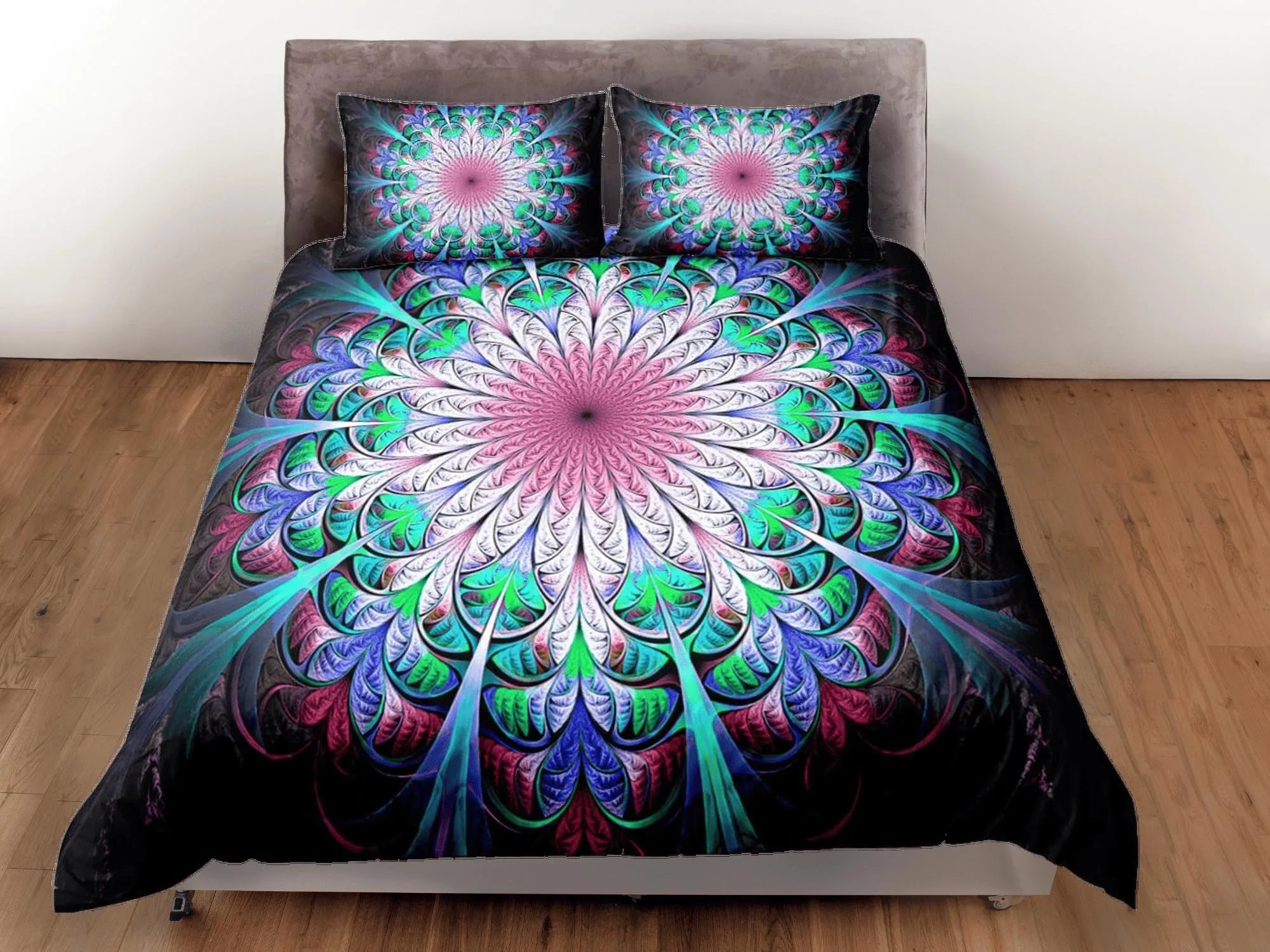 Psychedelic green mandala duvet cover boho bedding set full, queen, king, dorm bedding, aesthetic room indian bedspread maximalist decor