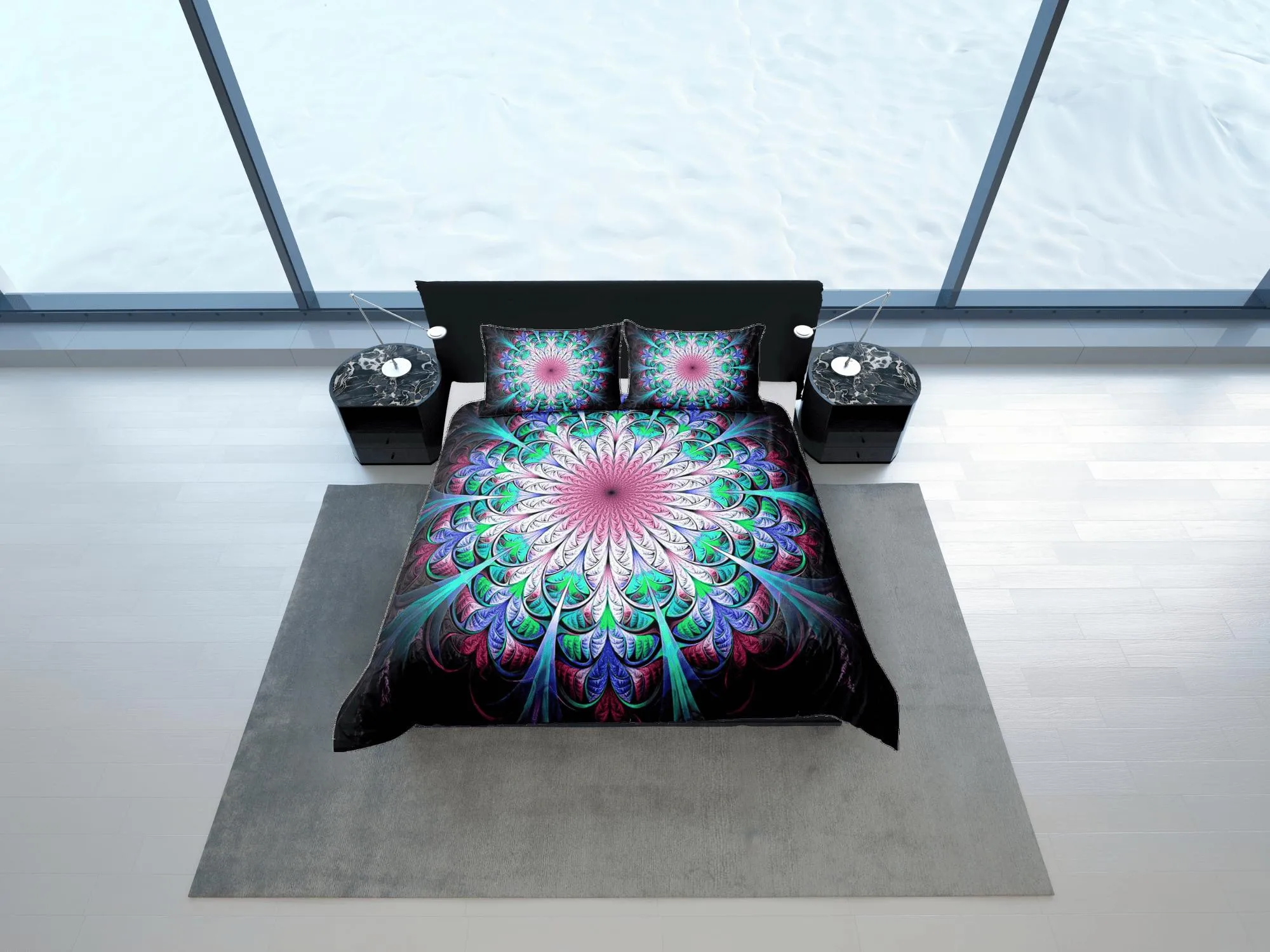 Psychedelic green mandala duvet cover boho bedding set full, queen, king, dorm bedding, aesthetic room indian bedspread maximalist decor