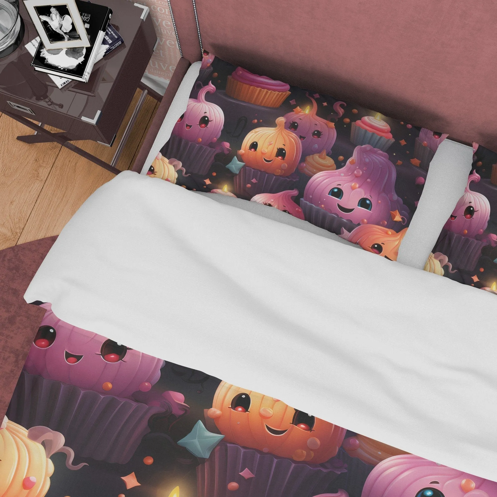 Pumpkin Onion & Cupcakes Duvet Cover Set Spooky Bedding, Cute Halloween Room Decor, Kids Bedspread, Zipper Quilt Cover, Aesthetic Bed Cover