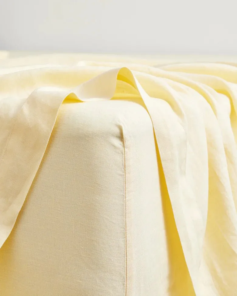 Pure Linen Fitted Sheet with Pillow Covers | 3 Pc Set |Pastel Yellow