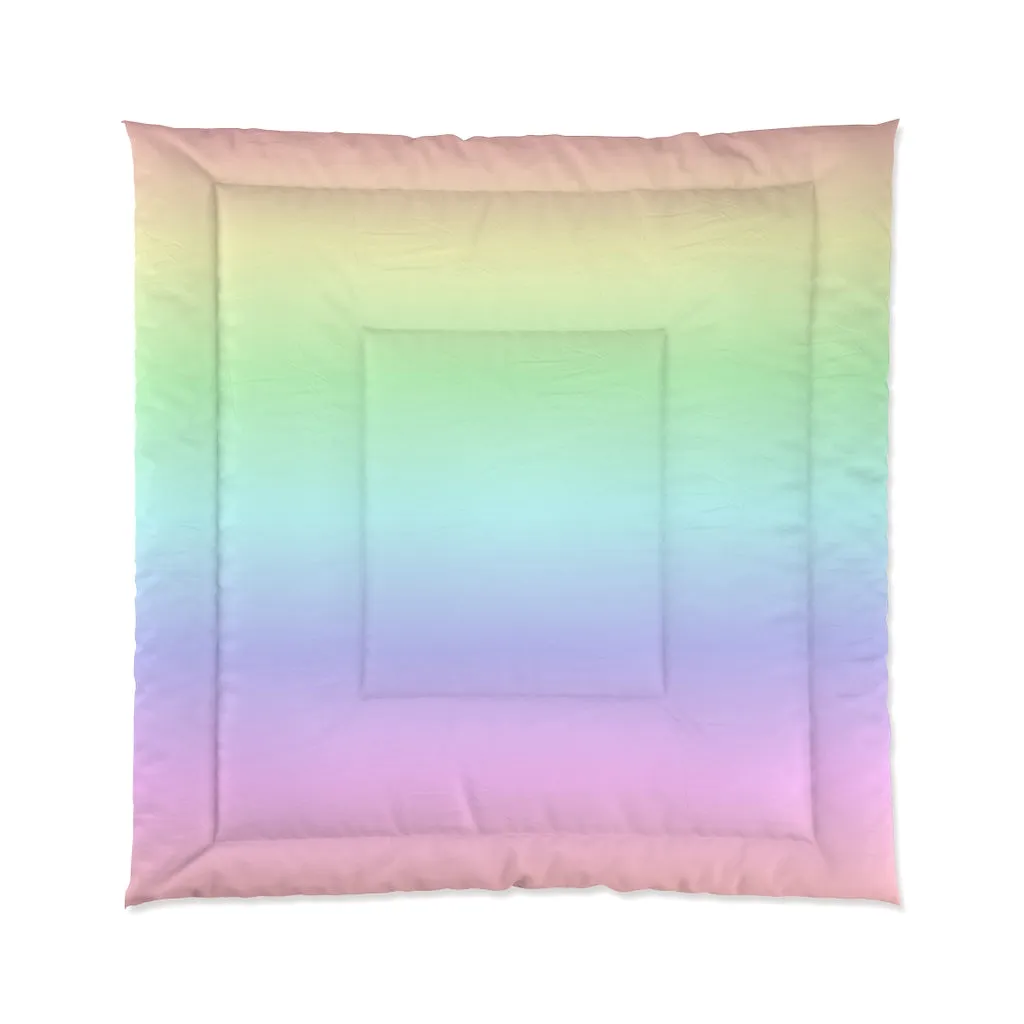 Rainbow Ombre Bed Comforter, Pastel Pink Purple Colorful King Queen Twin Single Full Size Quilted Blanket Bedding Bedroom