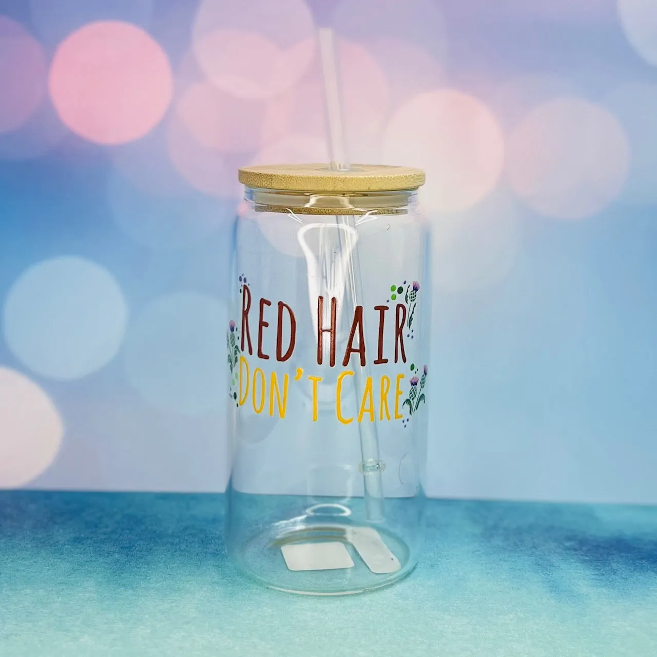 Red Hair Don't Care 16oz Clear Beer Can Glass with Bamboo Lid and Straw