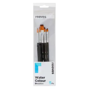 Reeves Water Colour Brushes Short Handle Set of 5 - No. 6 & 8 Round; No. 10 Flat; No. 8 Filbert; No. 6 Angle