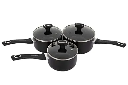 Royal Cuisine 3pcs Aluminium Saucepan Set Non-Stick with Glass lid Bakelite Handled 16/18/20cm Black