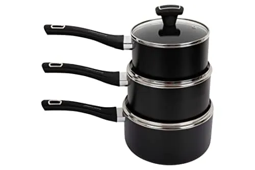 Royal Cuisine 3pcs Aluminium Saucepan Set Non-Stick with Glass lid Bakelite Handled 16/18/20cm Black