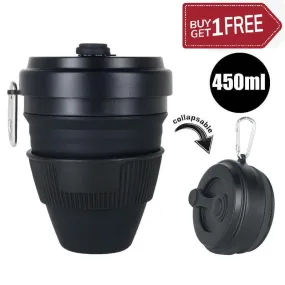 Set of 2 450ml Folding Silicone Cup Mugs Portable Silicone Telescopic Drinking Collapsible Silica Coffee Cup With Lids Travel All Black