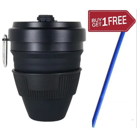 Set of 2 450ml Folding Silicone Cup Mugs Portable Silicone Telescopic Drinking Collapsible Silica Coffee Cup With Lids Travel All Black