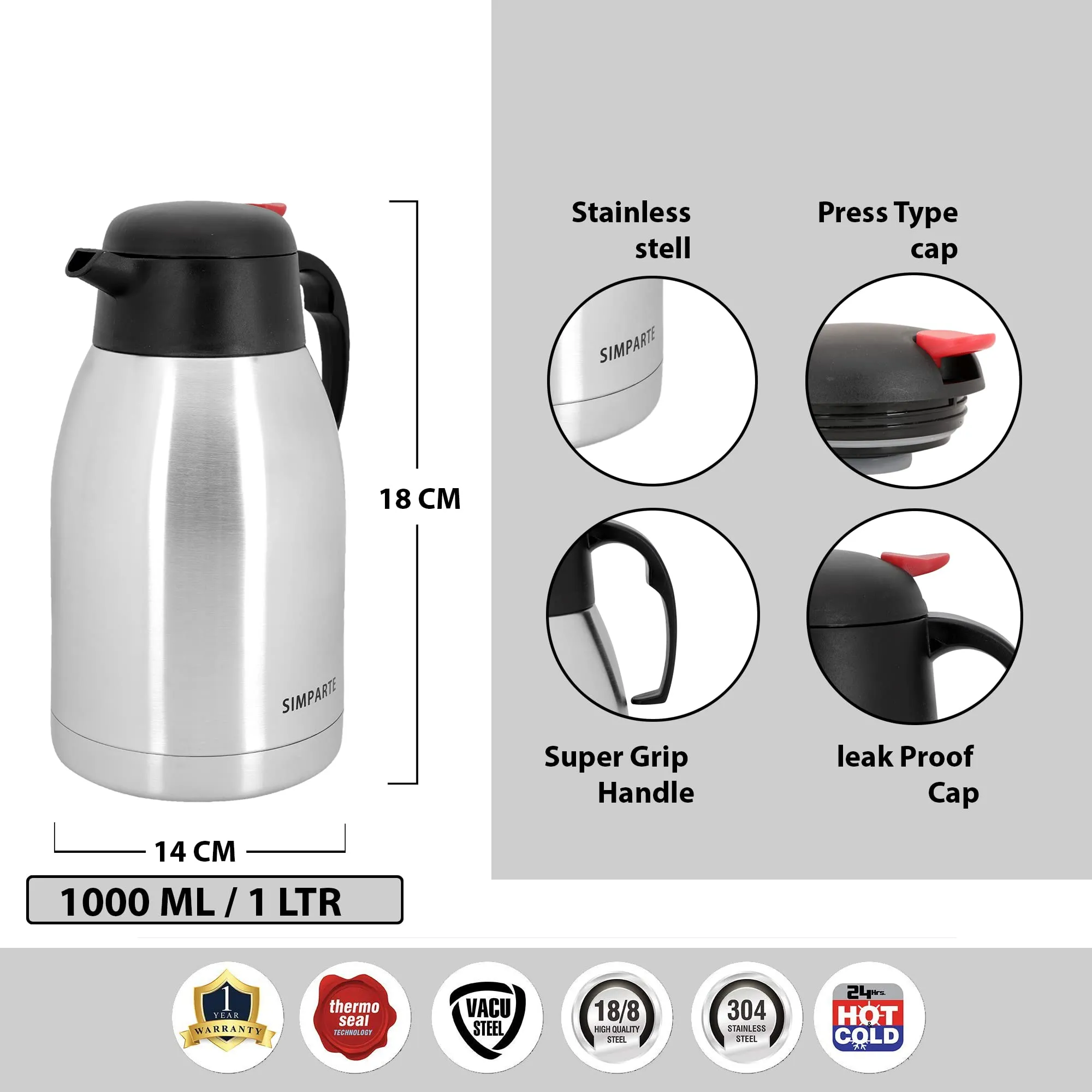 SIMPARTE Thermosteel Carafe Flask Tea/Coffee Pot,Stackable, Stainless Steel Hot or Cold Water, Multipurpose, Thermos 1500 ML (1.5Litres) Silver Flask