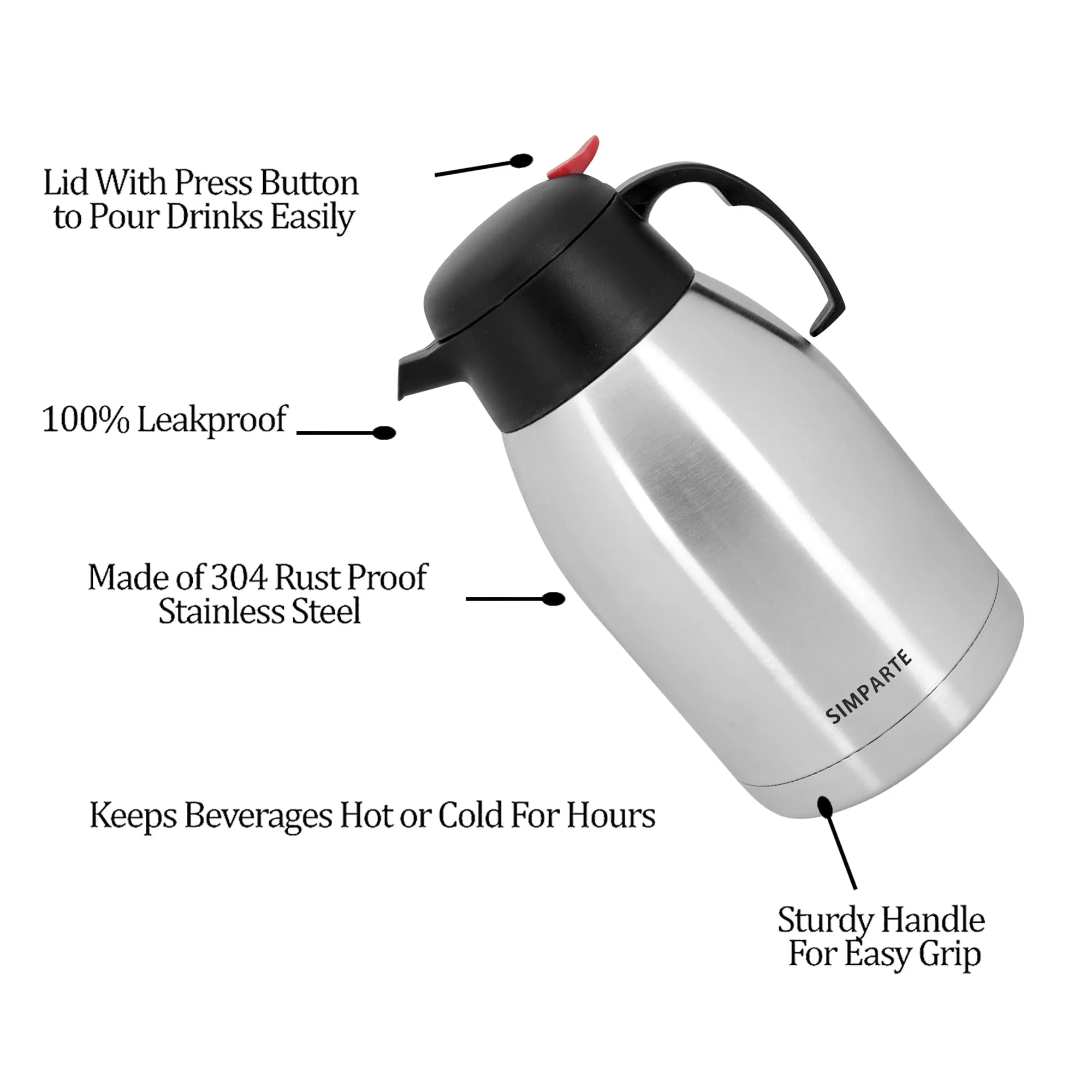 SIMPARTE Thermosteel Carafe Flask Tea/Coffee Pot,Stackable, Stainless Steel Hot or Cold Water, Multipurpose, Thermos 1500 ML (1.5Litres) Silver Flask