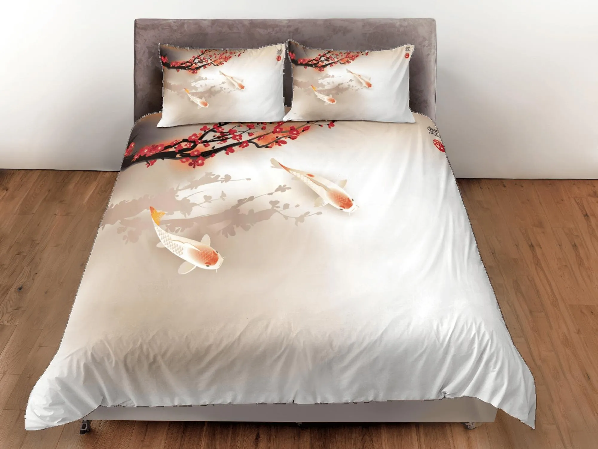 Simple oriental bedding, koi fish and cherry blossoms on japanese duvet cover set for king, queen, full, twin, toddler, zipper bedding