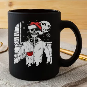 Smiling Skull Drinking Coffee Santa Christmas Skeleton Mug