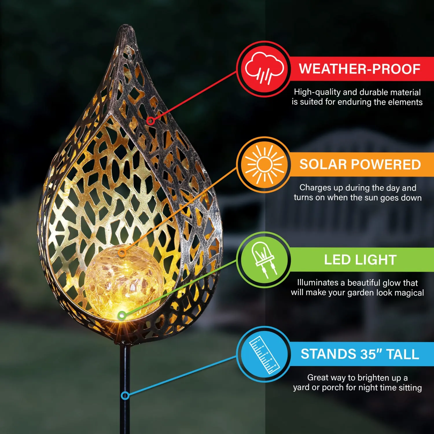 Solar Metal Filigree Full Flame Torch Garden Stake, 6.5 by 35.5 Inches