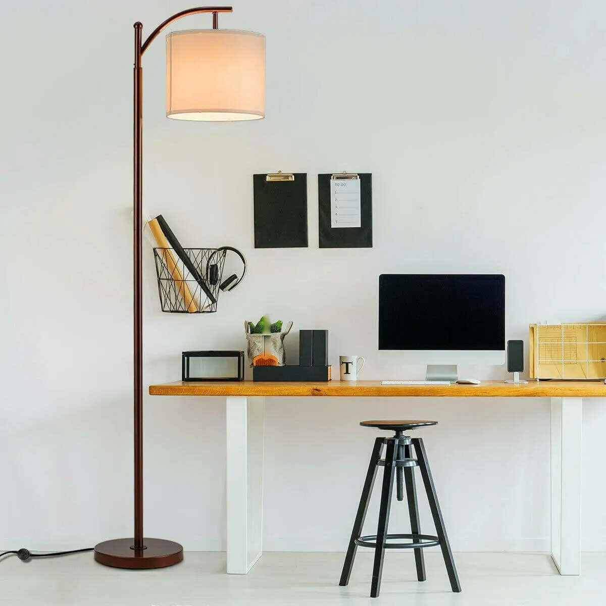 Standing Industrial Arc Light with Hanging Lamp Shade Bedroom