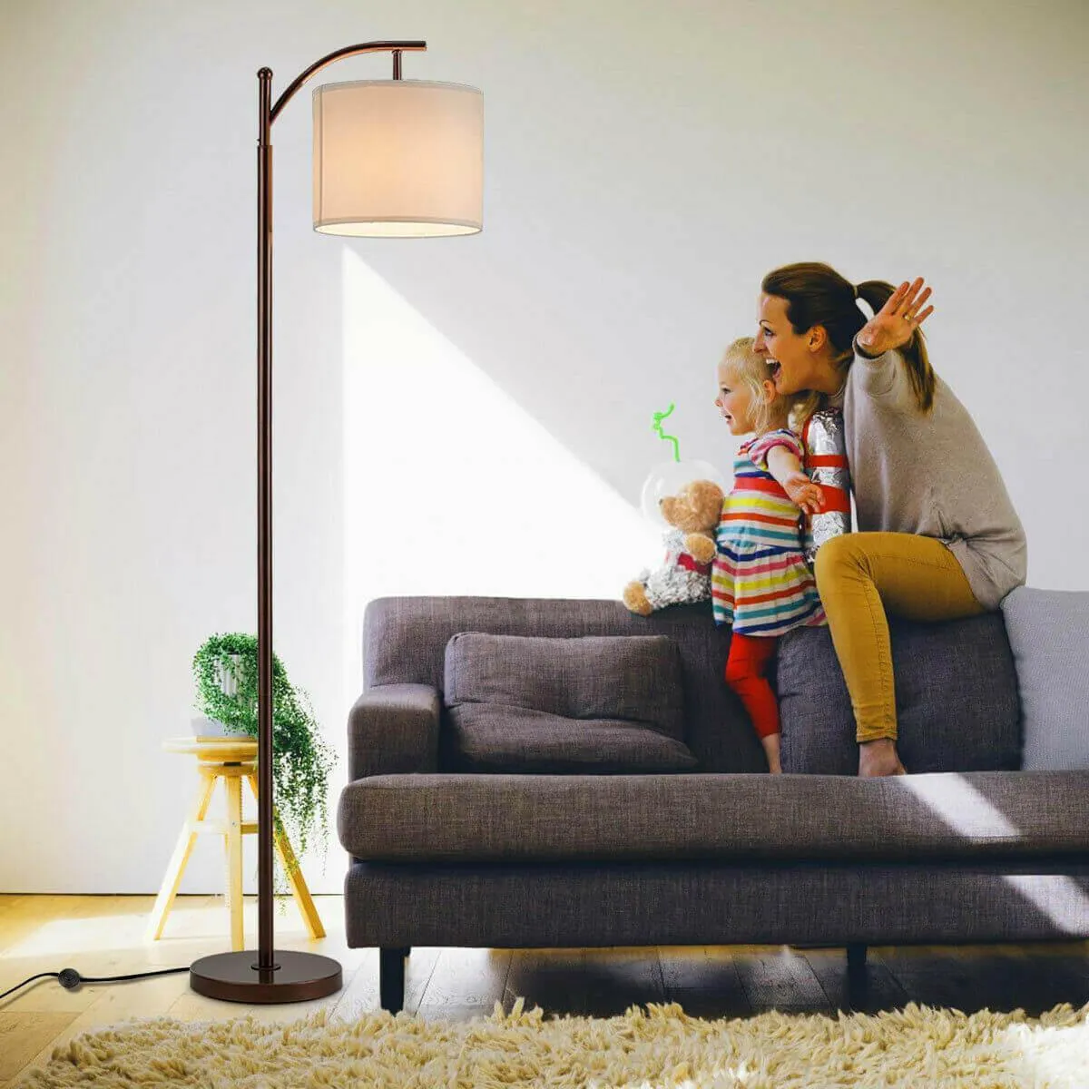 Standing Industrial Arc Light with Hanging Lamp Shade Bedroom