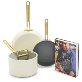 Stanley Tucci™ Ceramic Nonstick 4-Piece Chef Set with the Tucci Cookbook | Carrara White