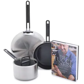 Stanley Tucci™ Stainless Steel Ceramic Nonstick 4-Piece Essentials Cookware Set with The Tucci Cookbook | Black Handles