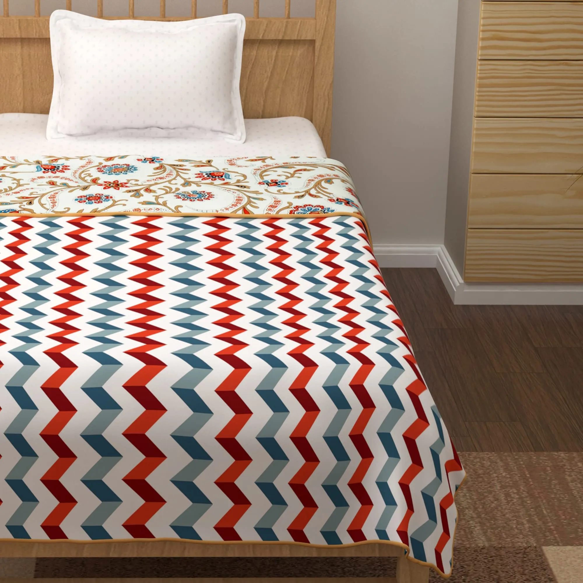 Story@Home Single Bed Dohar | Blanket | Comforter 100% Cotton, Reversible, Soft Lightweight Bed, 150GSM, AC Blanket | Ideal as Blanket for Summer & Winter, Chevron, Size: 144x220cm. White & Beige