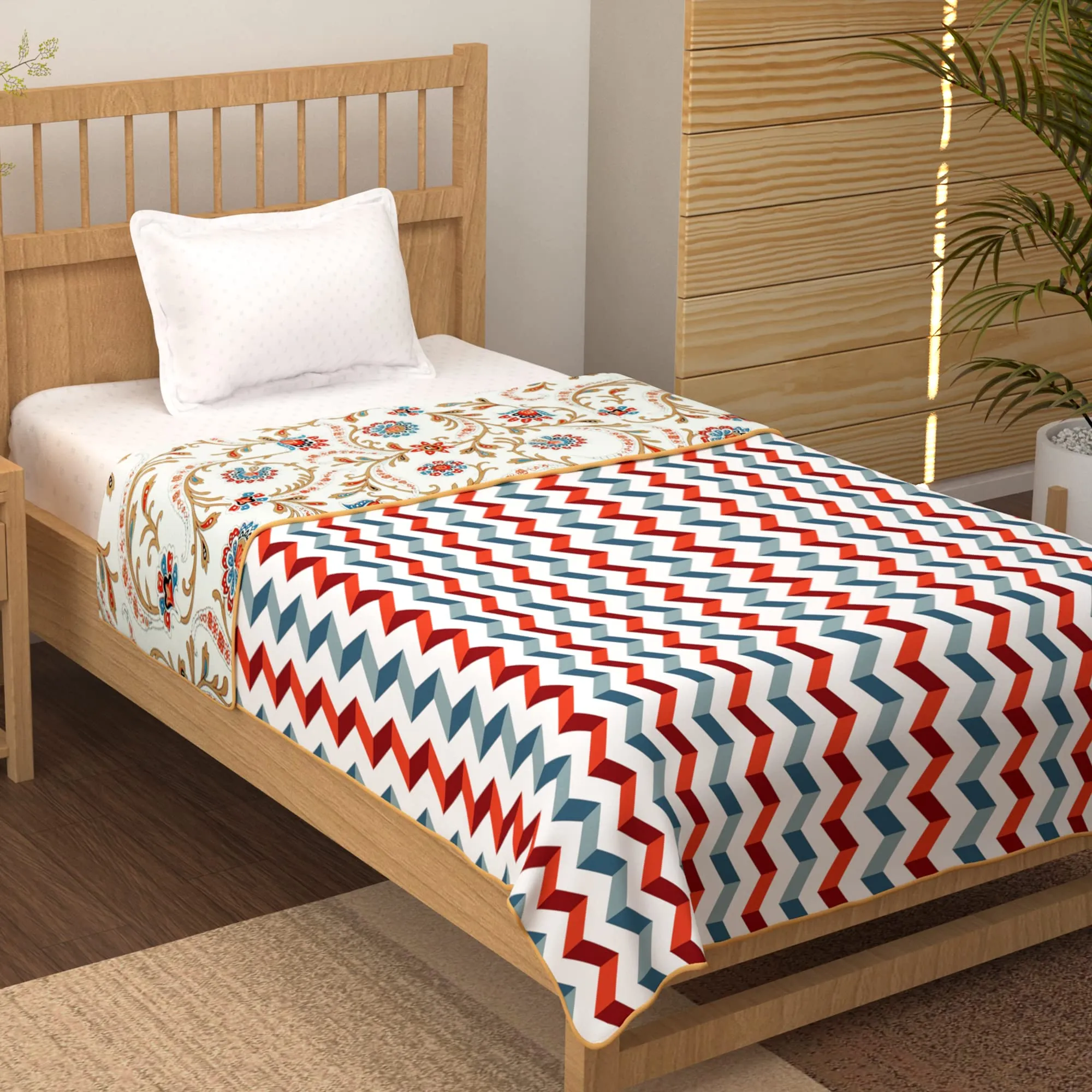 Story@Home Single Bed Dohar | Blanket | Comforter 100% Cotton, Reversible, Soft Lightweight Bed, 150GSM, AC Blanket | Ideal as Blanket for Summer & Winter, Chevron, Size: 144x220cm. White & Beige