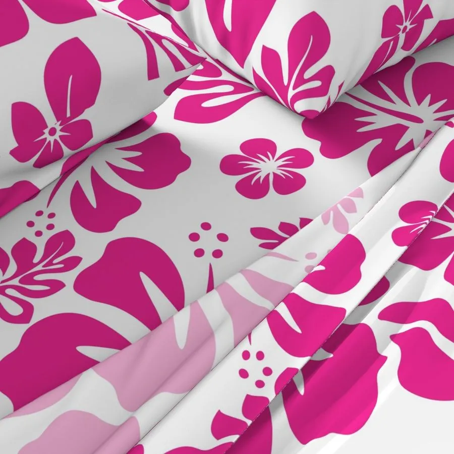 Surfer Girl Pink Hawaiian Flowers on White Sheet Set from Surfer Bedding™️  Medium Scale