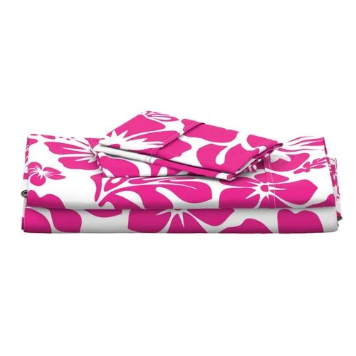 Surfer Girl Pink Hawaiian Flowers on White Sheet Set from Surfer Bedding™️  Medium Scale