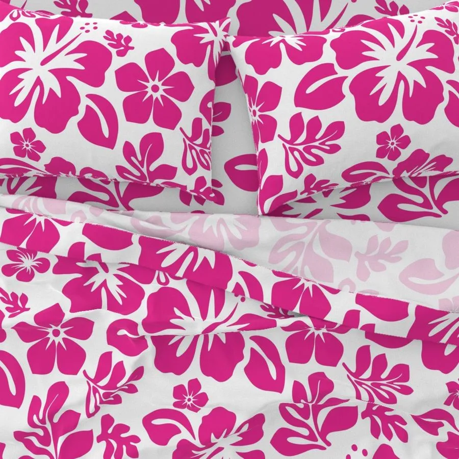 Surfer Girl Pink Hawaiian Flowers on White Sheet Set from Surfer Bedding™️  Medium Scale