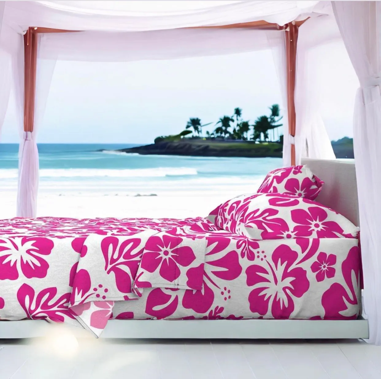 Surfer Girl Pink Hawaiian Flowers on White Sheet Set from Surfer Bedding™️  Medium Scale