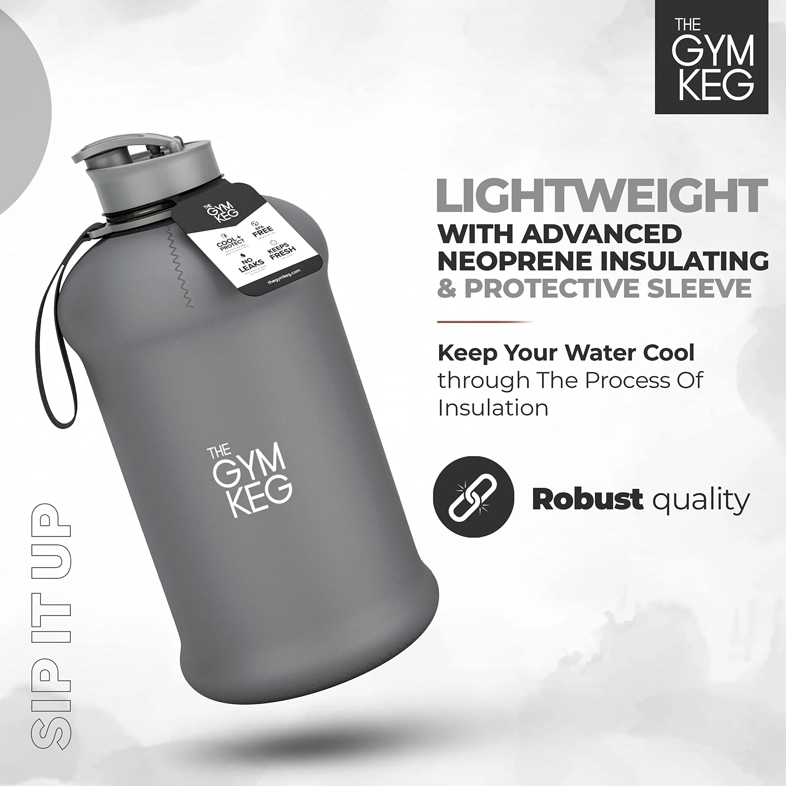 THE GYM KEG Sports Water Bottle (2.2 L) Insulated | Half Gallon | Carry Handle | Big Water