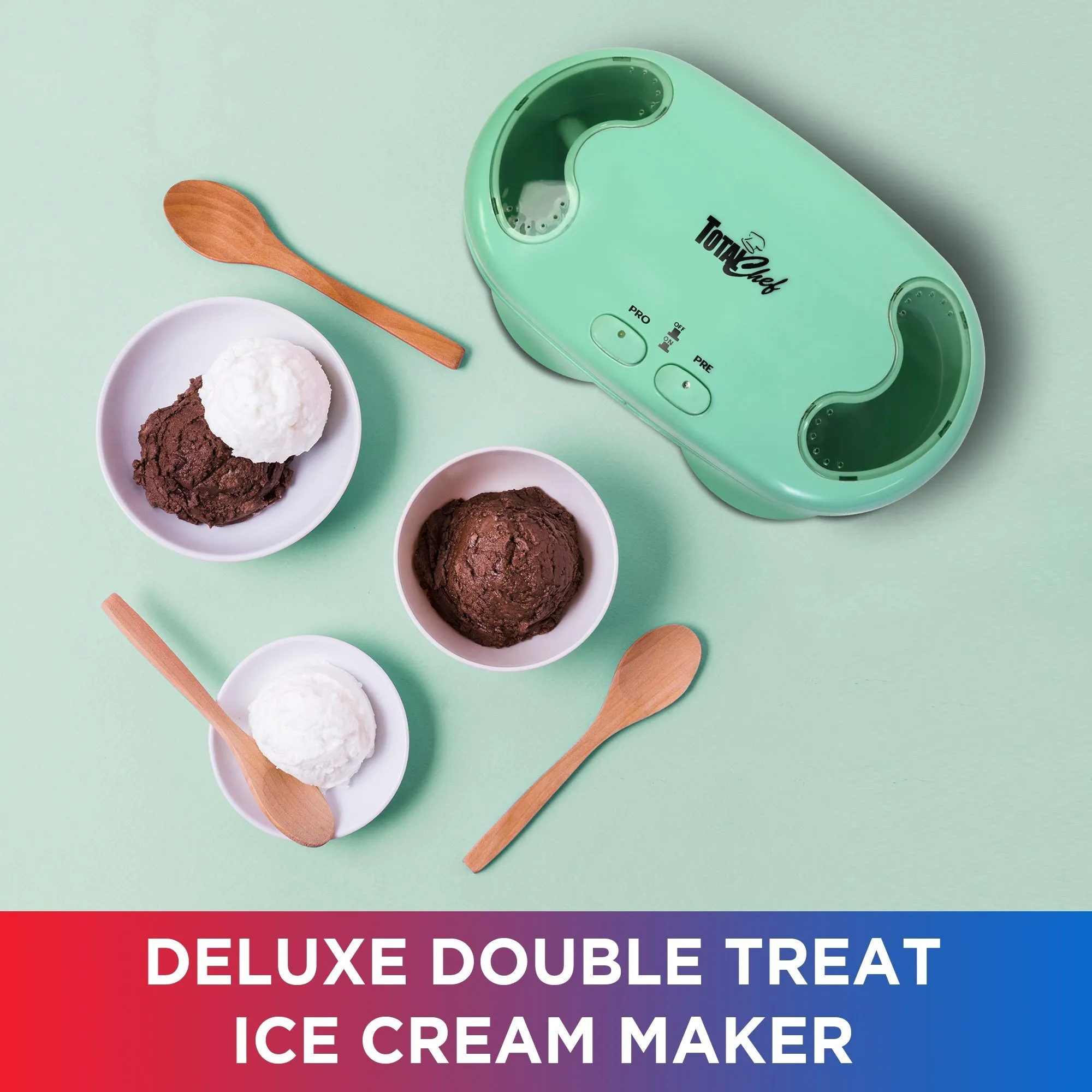 Total Chef Deluxe Double Treat Ice Cream Maker, 1.1 qt (1L), Green, Make 2 Flavors at Once of Frozen Yogurt, Sorbet, Gelato in Your Home Freezer, Uses 4 x AA Batteries (Sold Separately)