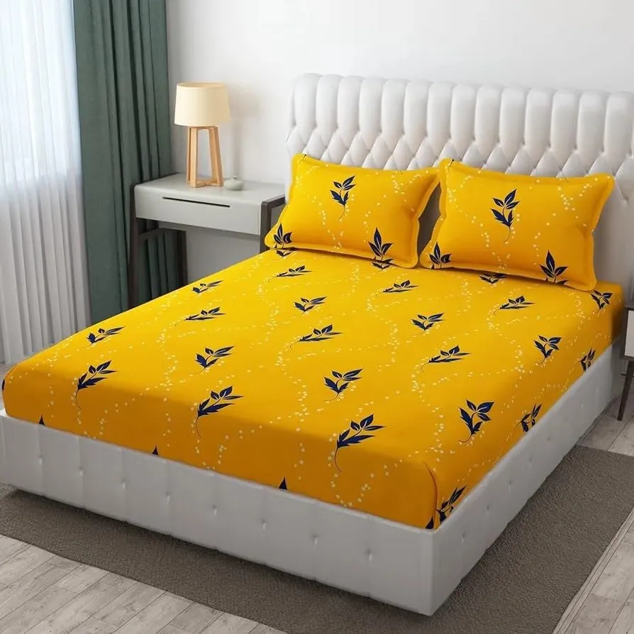 ULOM 220 TC Flat Double King Size Bed Cotton Bedsheets with 2 Pillow Covers - King Size 90x100 Inch Flat Bedsheet Ultimate Comfort and Style (Yellow)