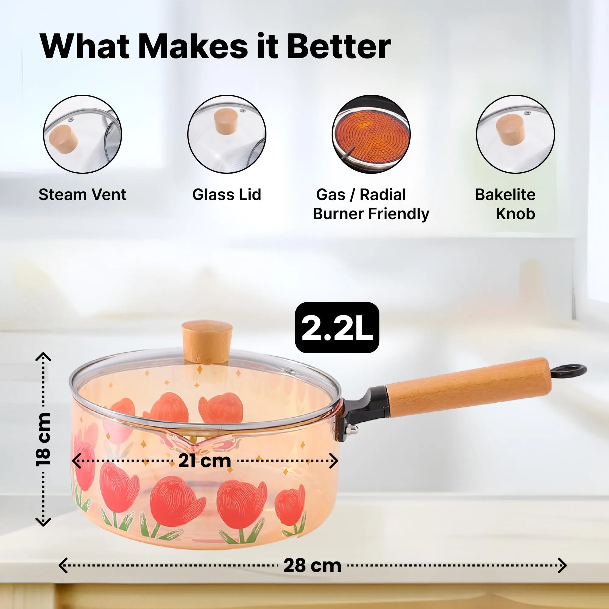 UMAI Borosilicate Glass Cookware for Gas Stove | Saucepan with Handle | Electric Pottery Stove Cookware | Boiling Pan | Microwave Safe | Sauce Pan for Tea with Long Handle (2.2L (Printed))