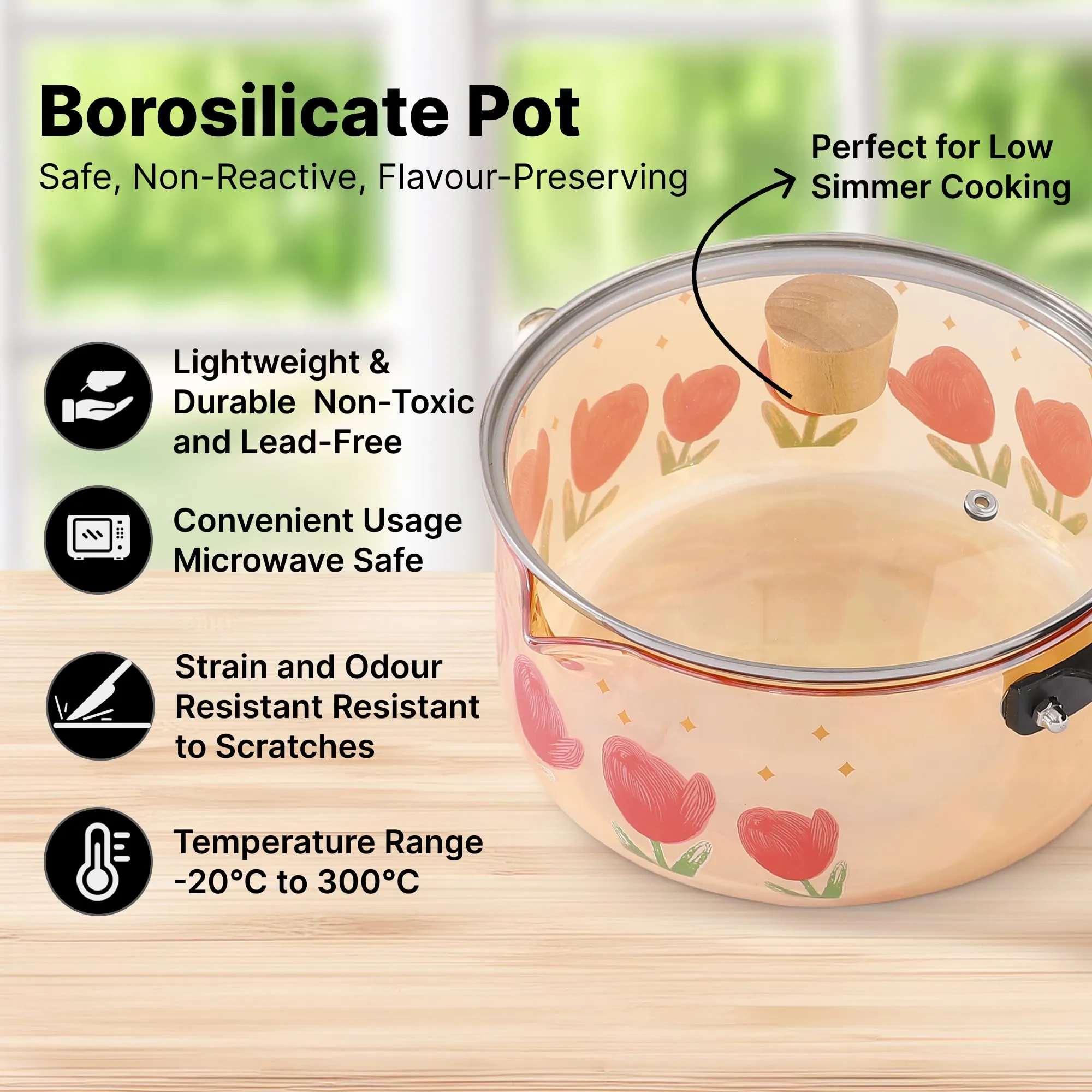 UMAI Borosilicate Glass Cookware for Gas Stove | Saucepan with Handle | Electric Pottery Stove Cookware | Boiling Pan | Microwave Safe | Sauce Pan for Tea with Long Handle (2.2L (Printed))